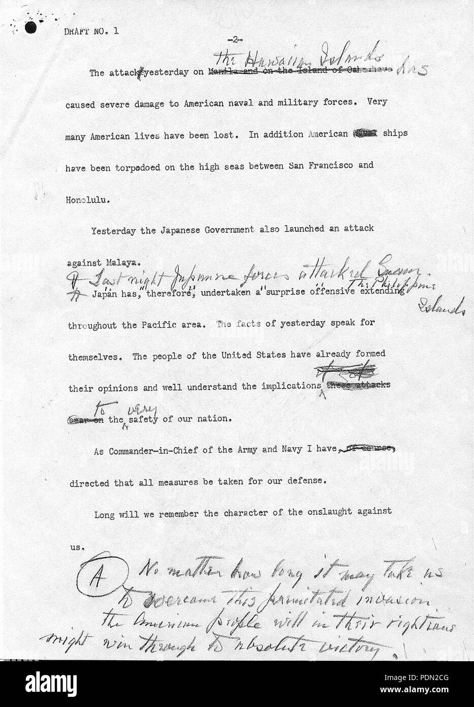 Projet annoté de message proposé au Congrès demandant Déclaration de guerre contre le Japon, 12-07-1941, Page 2-3 Banque D'Images