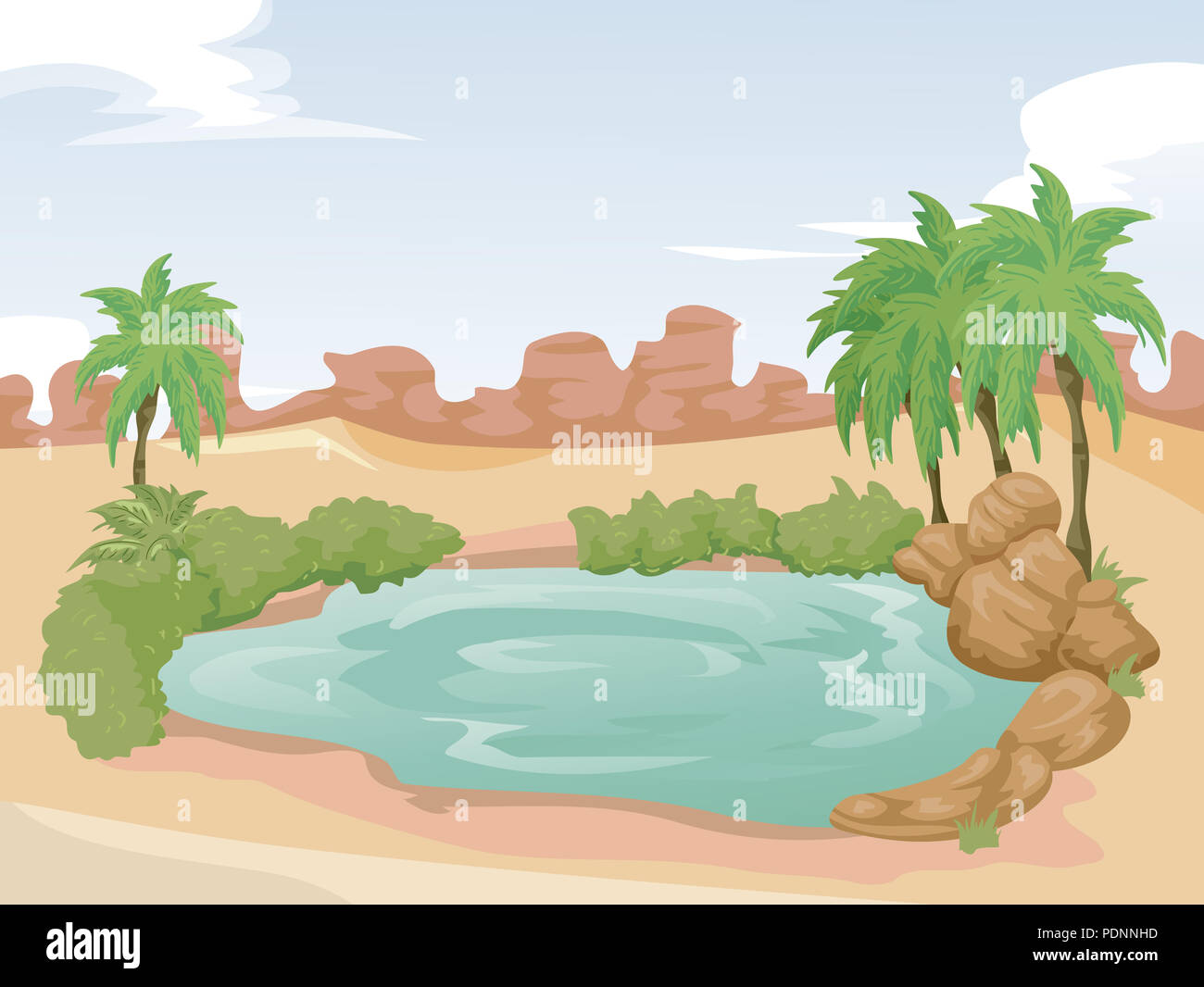 Illustration d'une oasis dans le désert avec un étang et arbres Banque D'Images