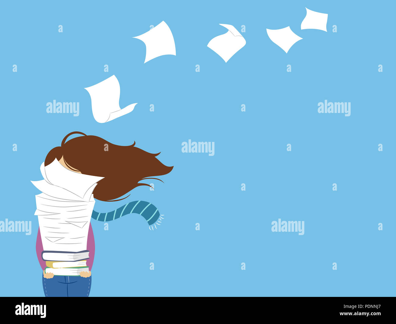 Illustration d'une jeune fille portant un grand tas de papiers et livres avec papier haut s'envoler Banque D'Images