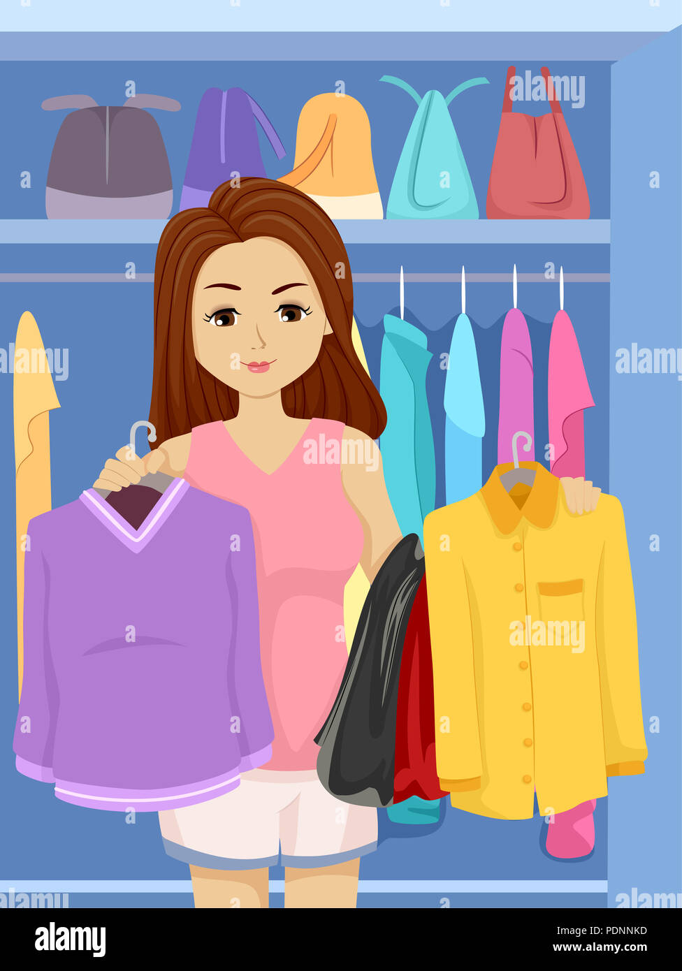 Illustration d'une fille de l'adolescence en face de son cabinet le choix entre les chemises et chemisiers manches longues Banque D'Images