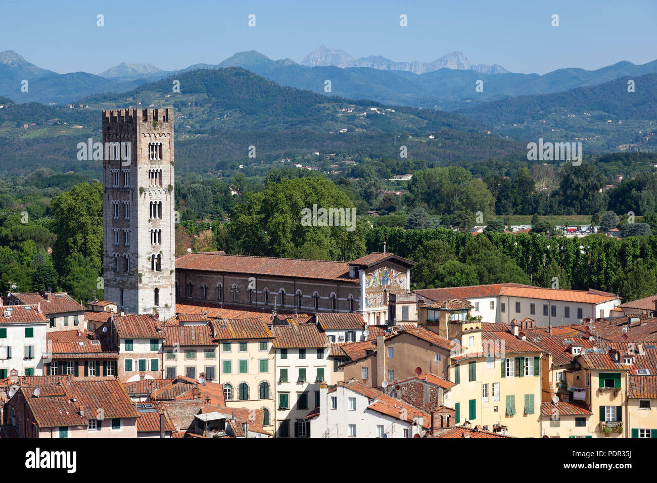 L'église San Frediano avec son abside orientée à l'Ouest, à Lucques (Toscane). L'église San Frediano, à Lucques avec son abside tournée vers l'Ouest (Italie). Banque D'Images