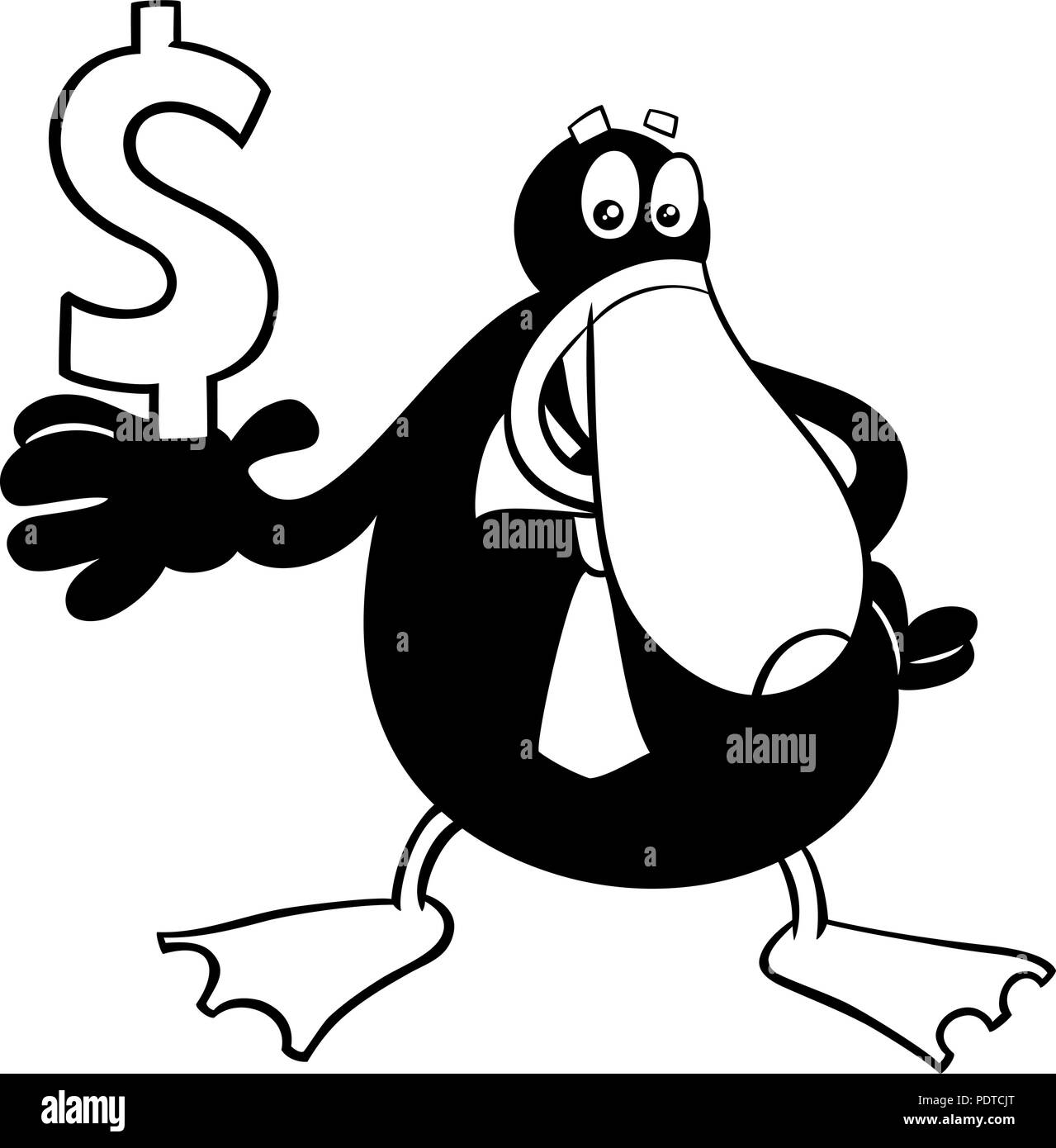 Illustration Cartoon noir et blanc de canard Businessman personnage animal avec signe Dollar Coloring Book Illustration de Vecteur