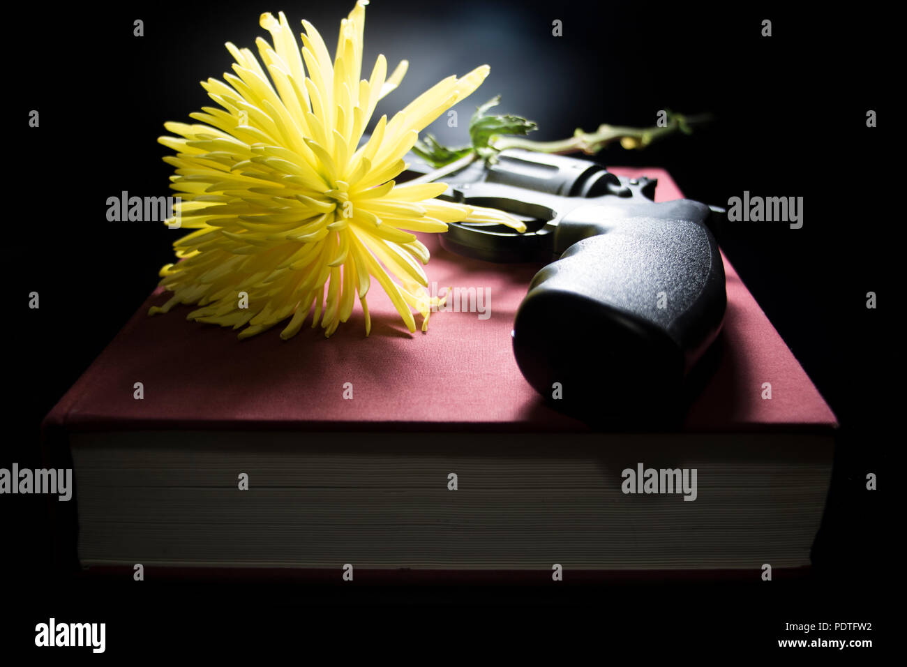 Arme à feu, fleur et livre de l'école. Fleur Fleur jaune, noir et rouge ...