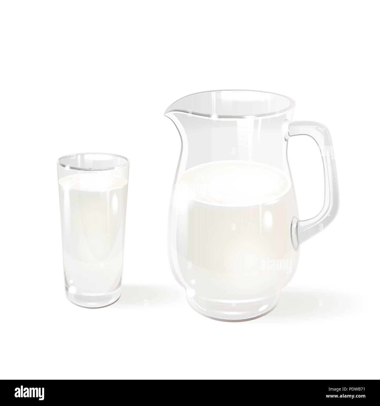 Le lait dans un pichet en verre et un verre sur un fond blanc Illustration de Vecteur