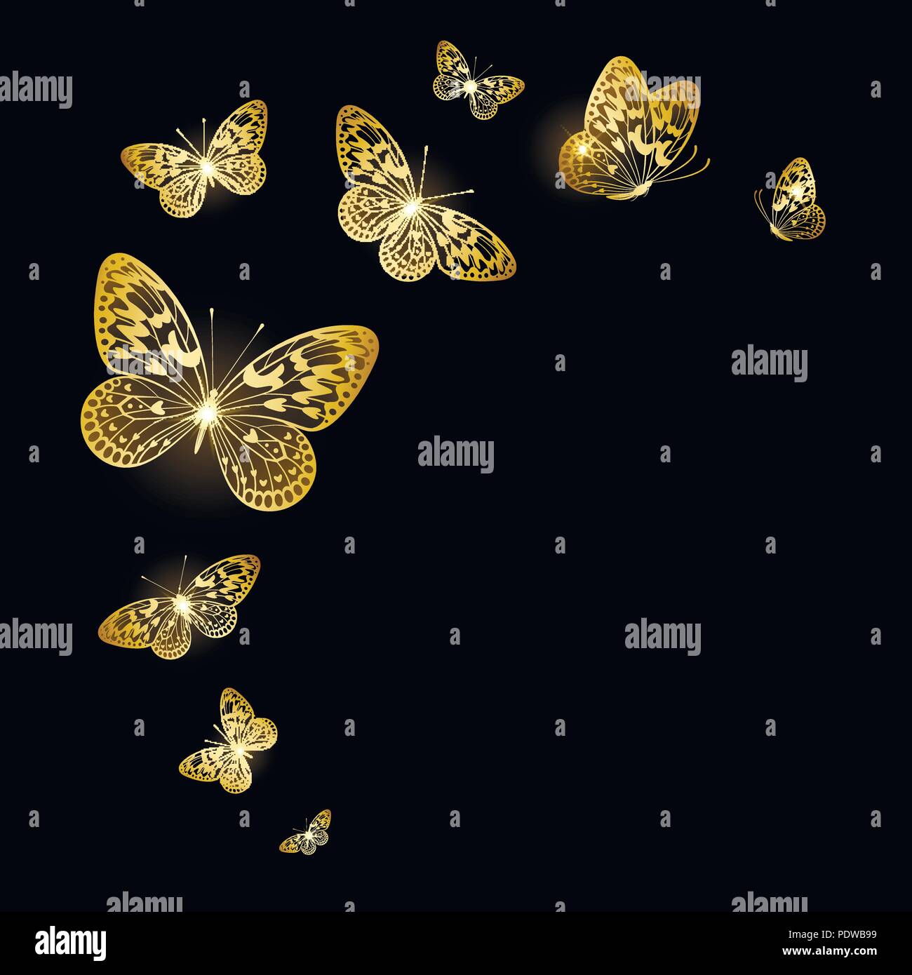 Les papillons d'or stylisées sur fond noir Illustration de Vecteur