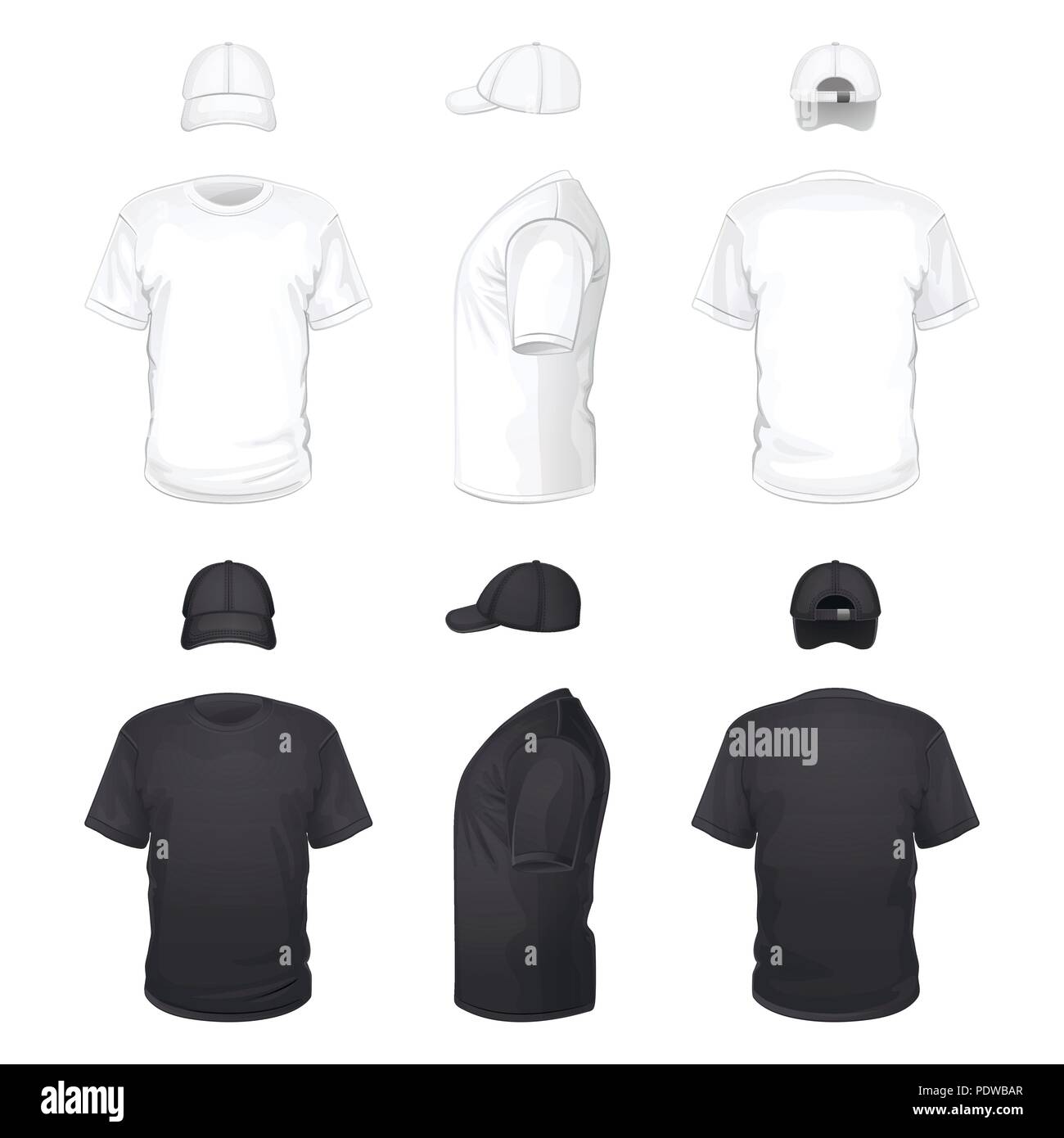 Noir et blanc T-shirts et casquettes sur fond blanc Illustration de Vecteur