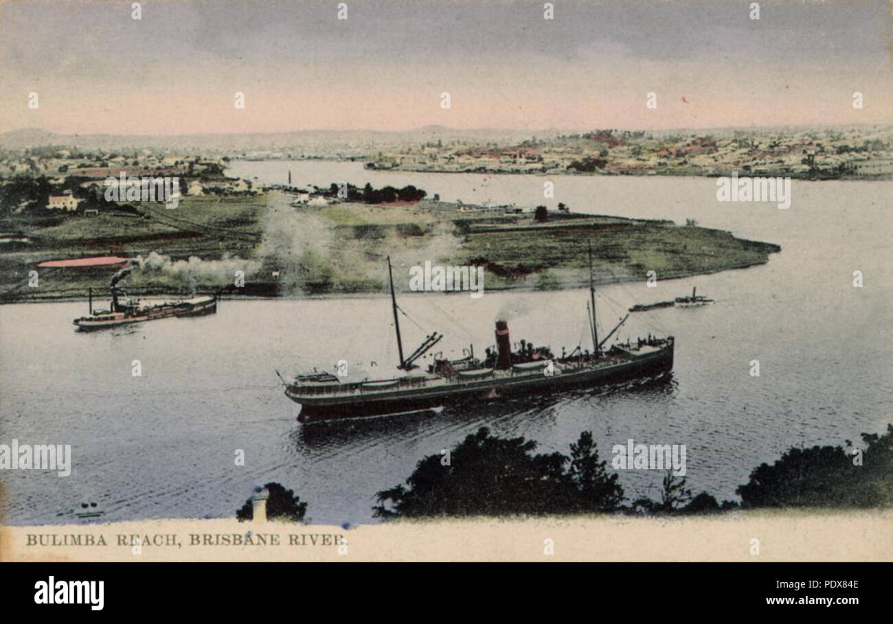 268 51752 StateLibQld 1 carte postale colorée de deux bateaux à vapeur dans la rivière Brisbane à Bulimba, ca. 1907 Banque D'Images