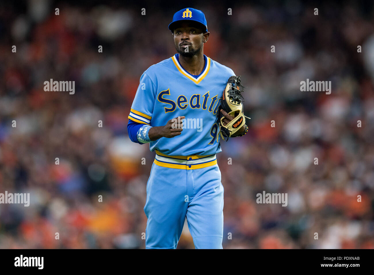 10 août 2018 : Seattle Mariners le deuxième but Dee Gordon (9) pendant un match entre les Astros de Houston et les Mariners de Seattle en 1970 nuit au Minute Maid Park de Houston, TX. Les Mariners a gagné le match 5 à 2.Trask Smith/CSM Banque D'Images