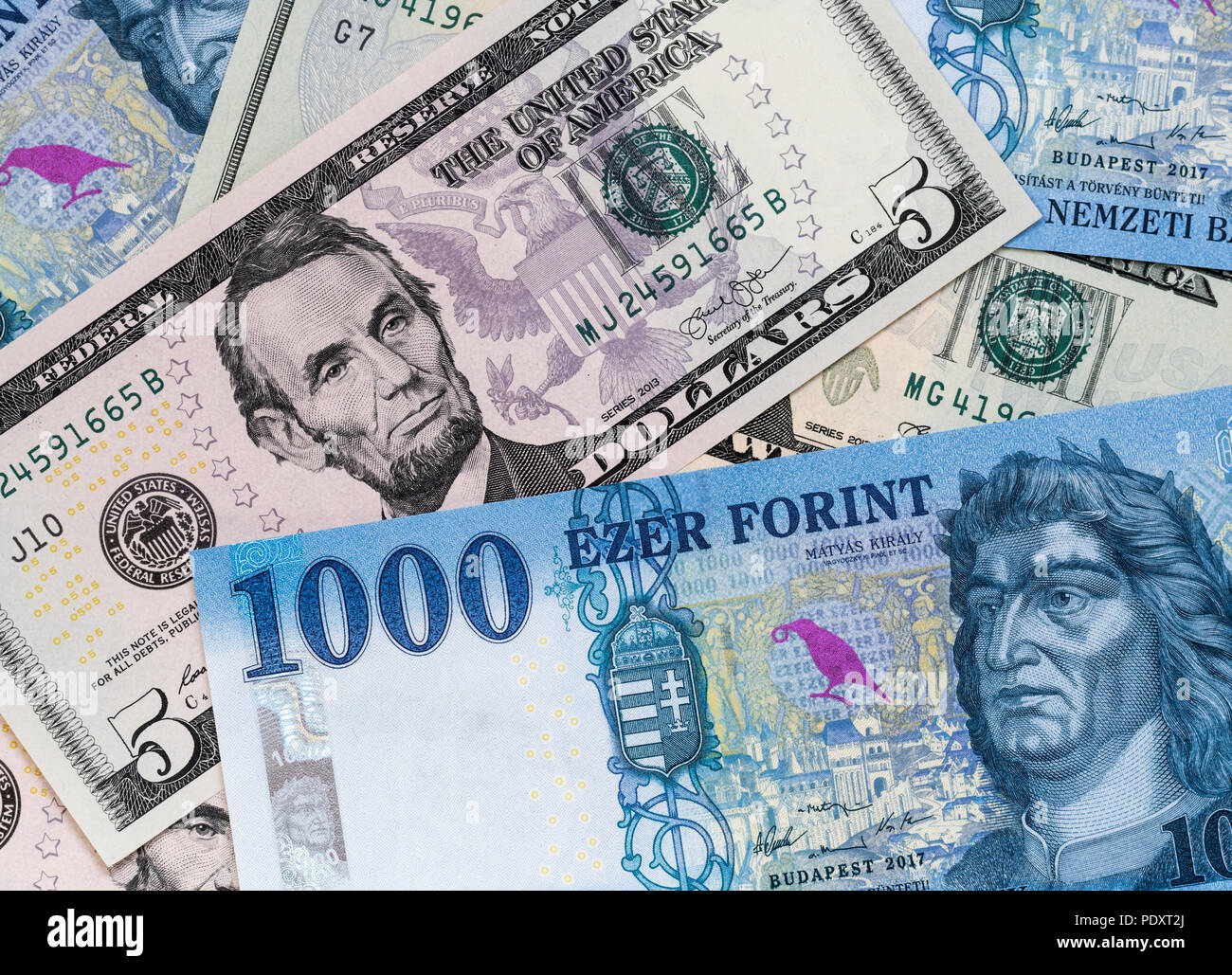 US dollar et de nouveaux billets en forint hongrois mixte. Taux de change dollar US Forint Banque D'Images US dollar et de nouveaux billets en forint hongrois mixte. Taux de change dollar US Forint Banque D'Images