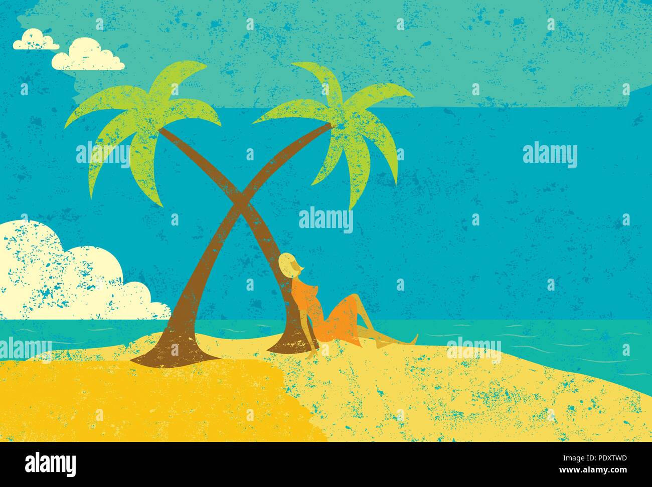 Femme sur une île. Une femme assise à côté d'un palmier sur une île déserte. Illustration de Vecteur