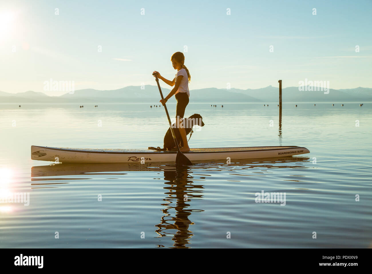 Une jeune fille et son chien sur un après-midi d'aventure Paddle Board sur le lac Tahoe Banque D'Images