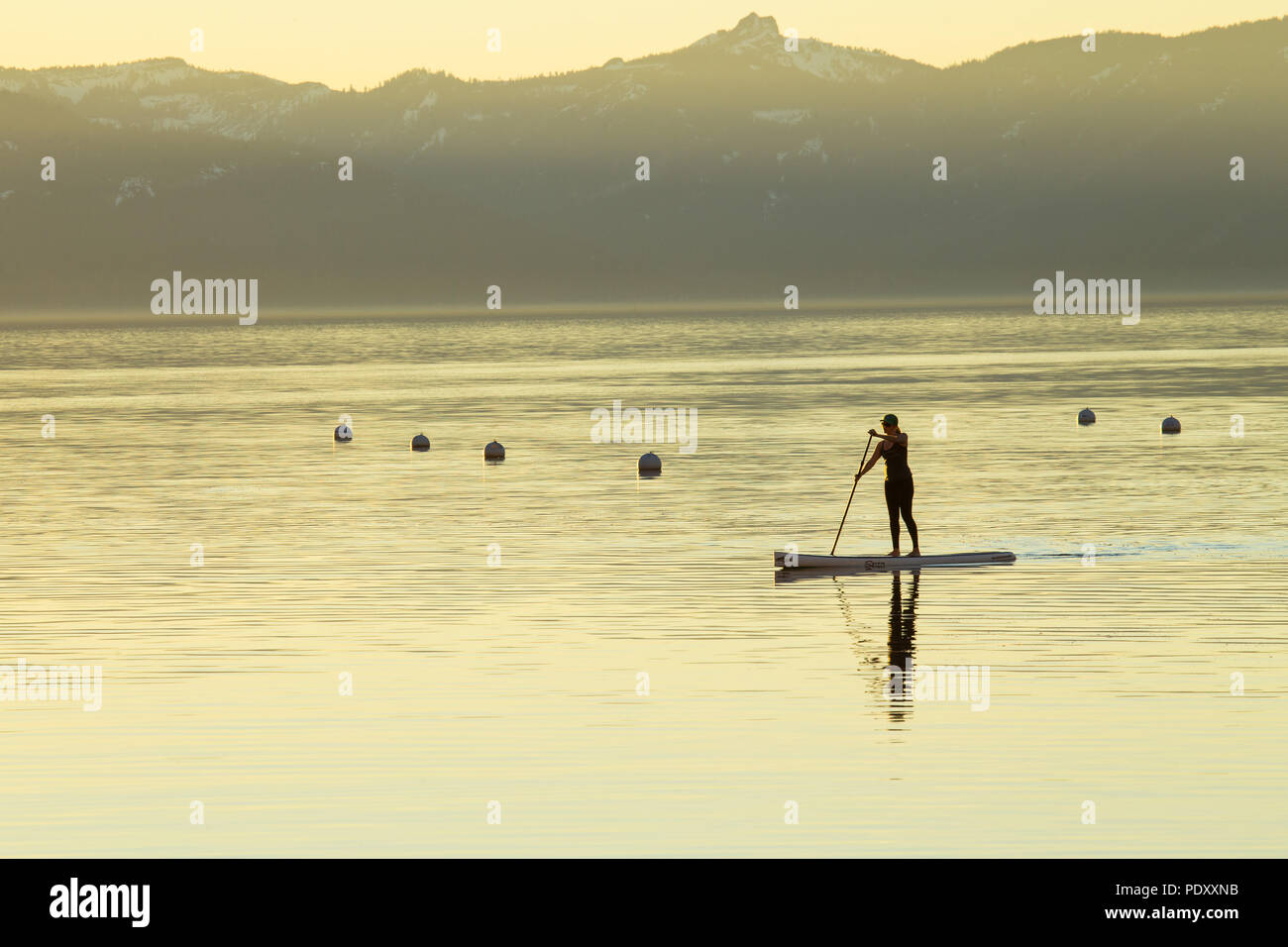 Woman on Paddle Board au coucher du soleil, le lac Tahoe, Nevada, USA Banque D'Images
