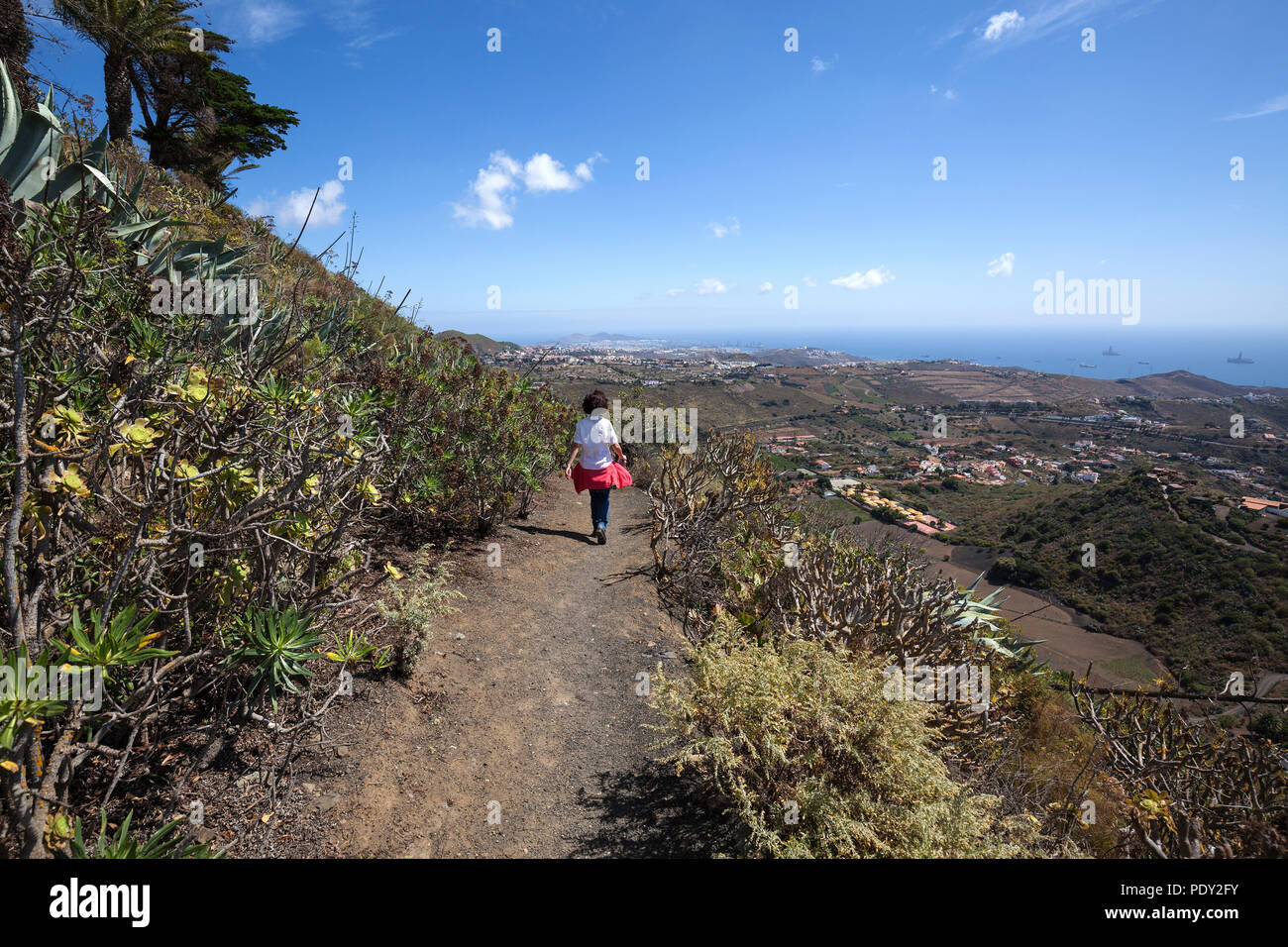 Female hiker sur le chemin du cratère autour du volcan Caldera de Bandama, Bandama, à Tafira, Gran Canaria, Îles Canaries, Espagne Banque D'Images