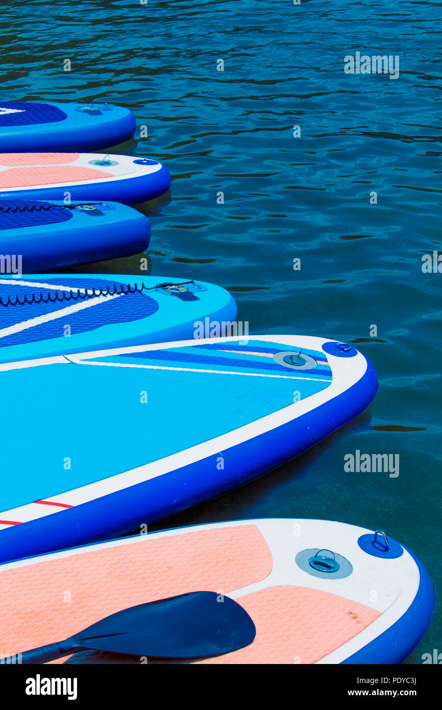 SUP Stand Up Paddle board sur le fond bleu de l'eau. Banque D'Images