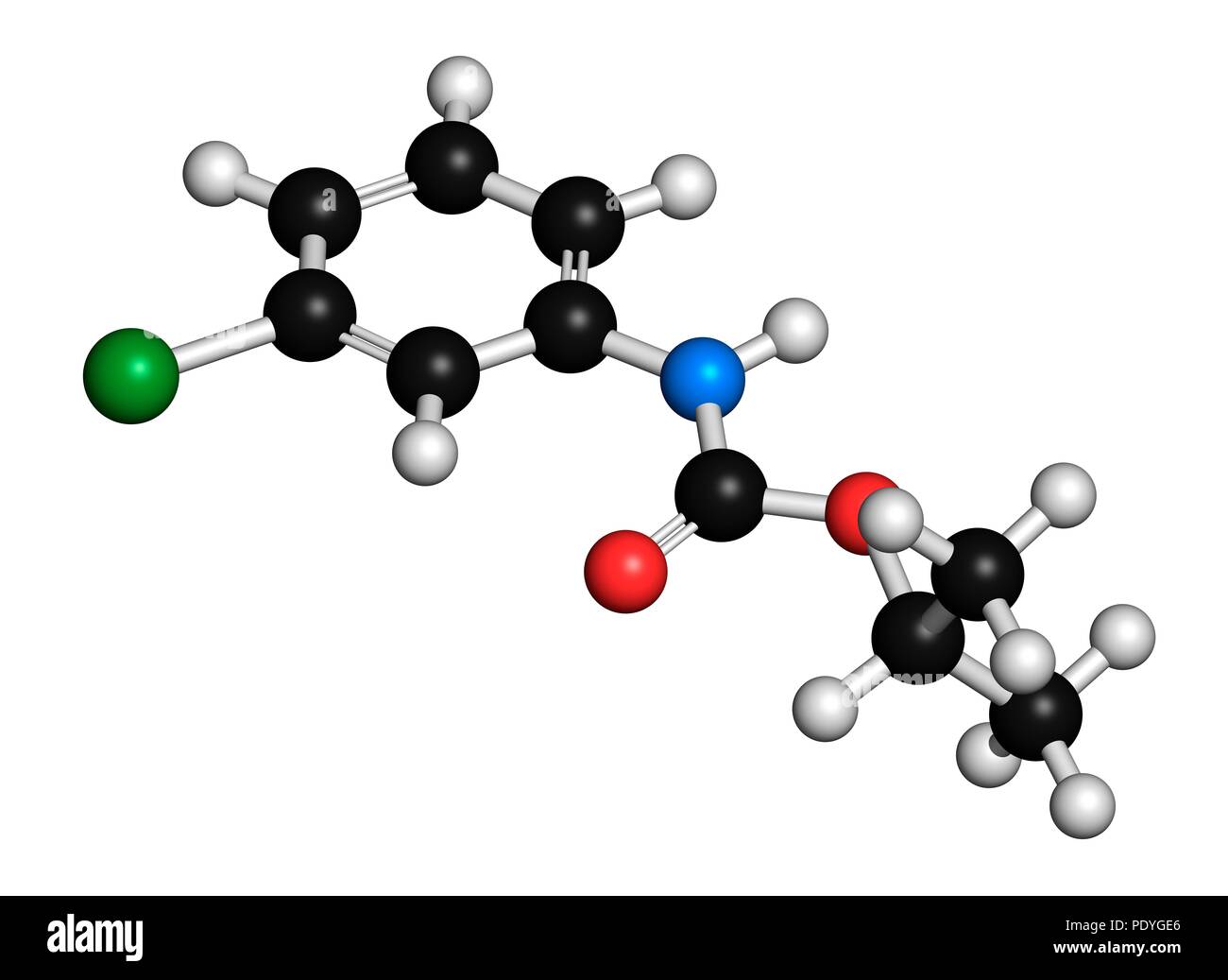 Le chlorprophame molécule herbicide. Le rendu 3D. Les atomes sont représentés comme des sphères avec le codage couleur classiques : l'hydrogène (blanc), carbone (noir), l'oxygène (rouge), l'azote (bleu), le chlore (vert). Banque D'Images