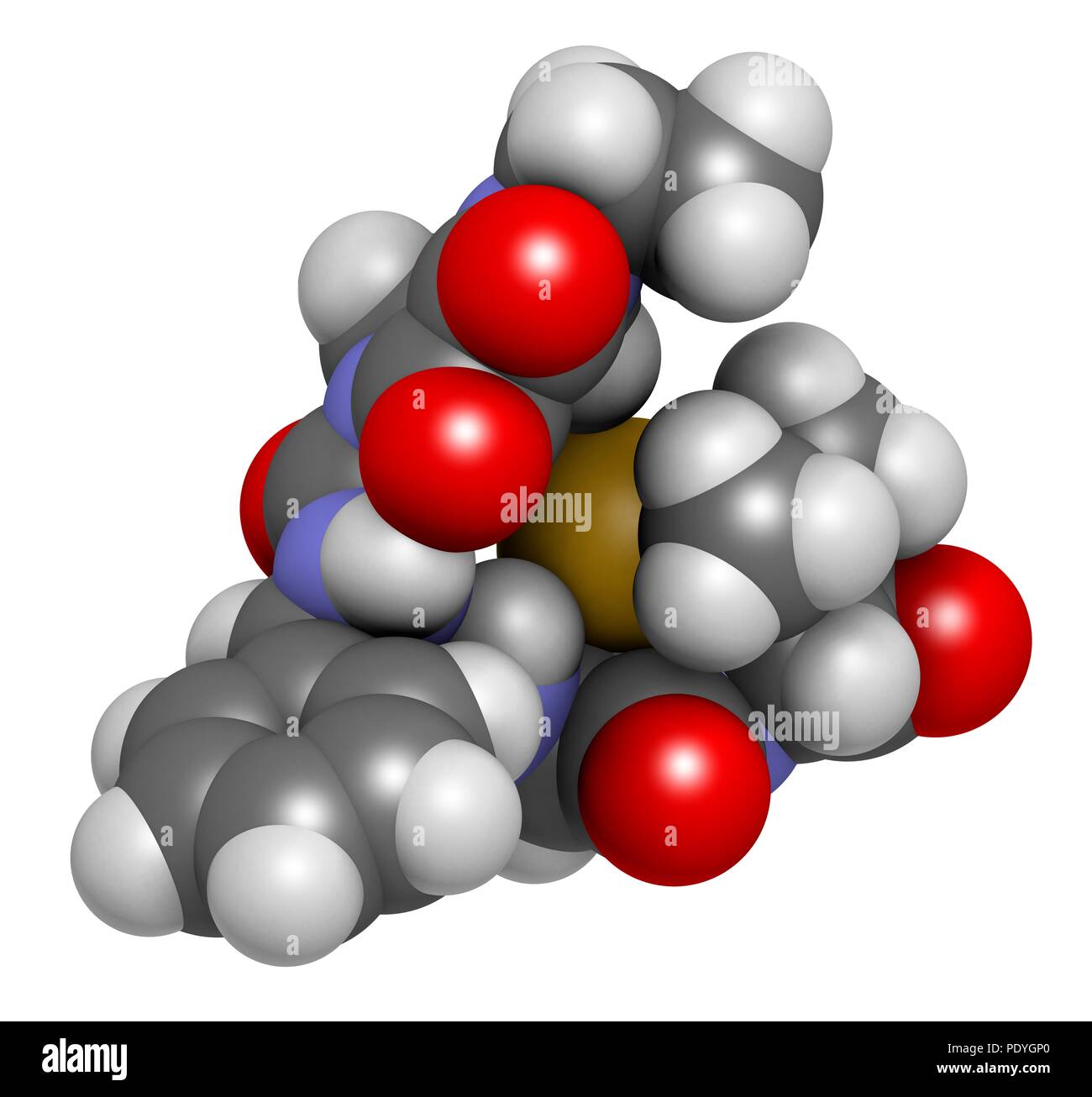 Antibiotique pipéracilline molécule pharmaceutique. Le rendu 3D. Les atomes sont représentés comme des sphères avec le codage couleur classiques : l'hydrogène (blanc), carbone (gris), l'azote (bleu), l'oxygène (rouge), le soufre (jaune). Banque D'Images