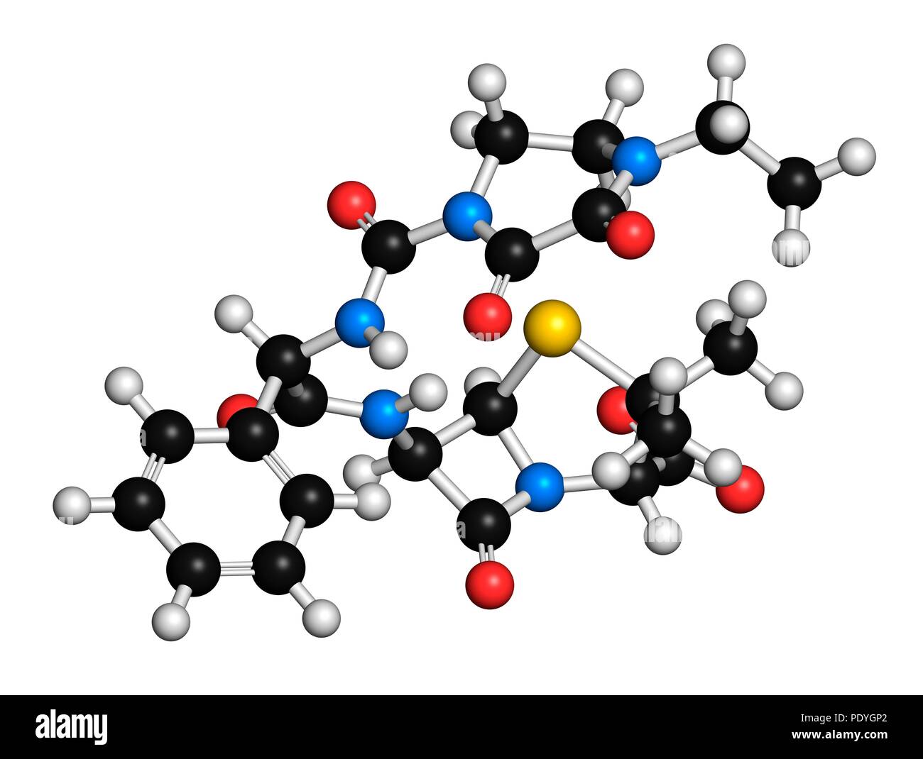 Antibiotique pipéracilline molécule pharmaceutique. Le rendu 3D. Les atomes sont représentés comme des sphères avec le codage couleur classiques : l'hydrogène (blanc), carbone (noir), l'azote (bleu), l'oxygène (rouge), le soufre (jaune). Banque D'Images