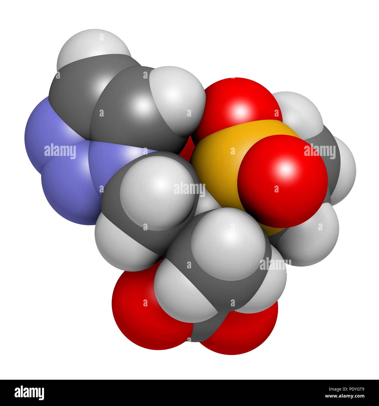 Tazobactam molécule pharmaceutique. Inhibiteur des bêta-lactamases bactériennes enzymes. Le rendu 3D. Les atomes sont représentés comme des sphères avec le codage couleur classiques : l'hydrogène (blanc), carbone (gris), l'azote (bleu), l'oxygène (rouge), le soufre (jaune). Banque D'Images
