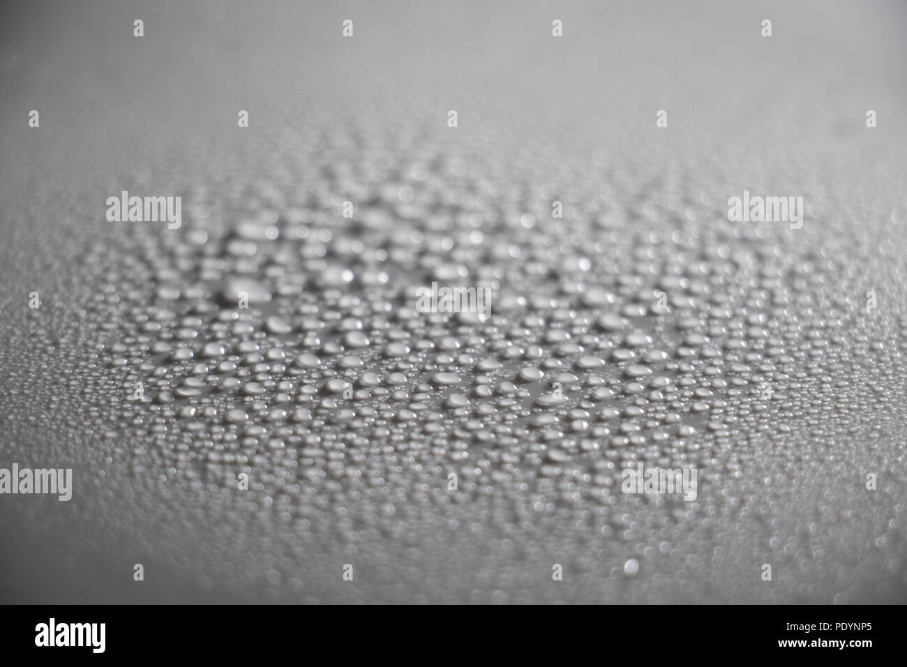 Les gouttelettes d'eau qui se forme sur une surface blanche. Perles de la condensation de l'eau formant abstract background textures. Gouttes d'eau de la brume. Banque D'Images