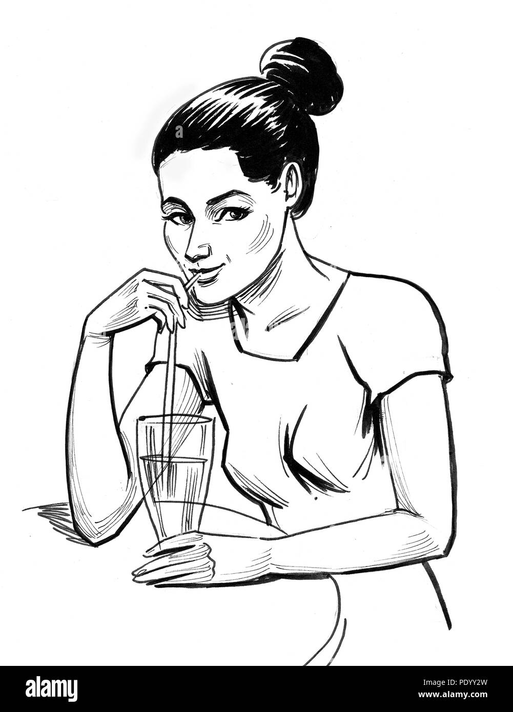 Belle femme de boire avec une paille. dessin noir et blanc Encre Banque D'Images
