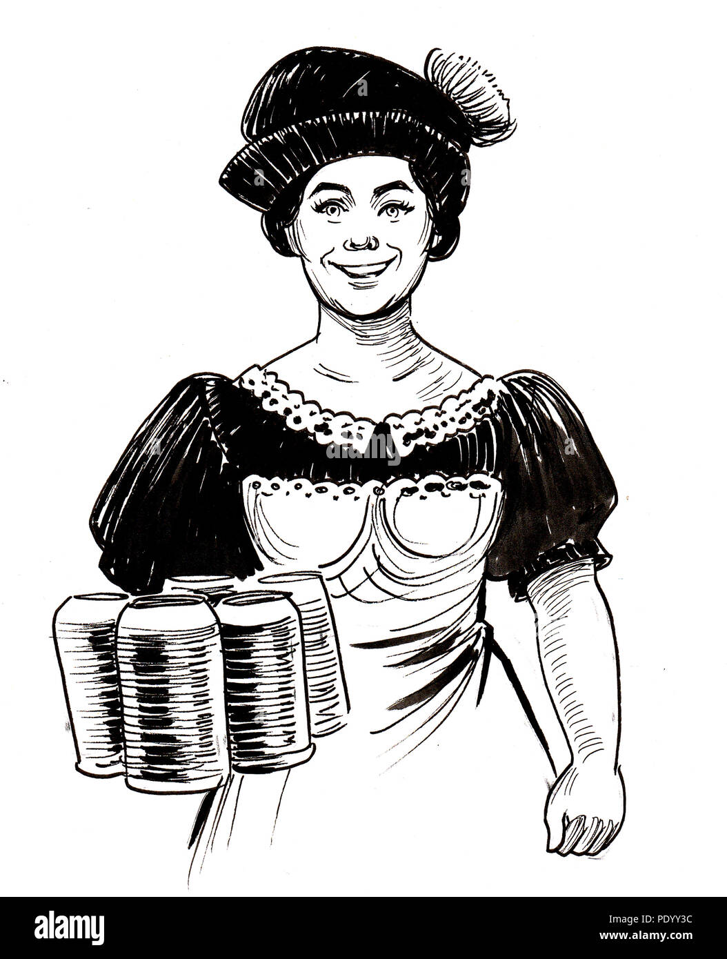 Serveuse allemande avec une bière. Illustration noir et blanc Encre Banque D'Images