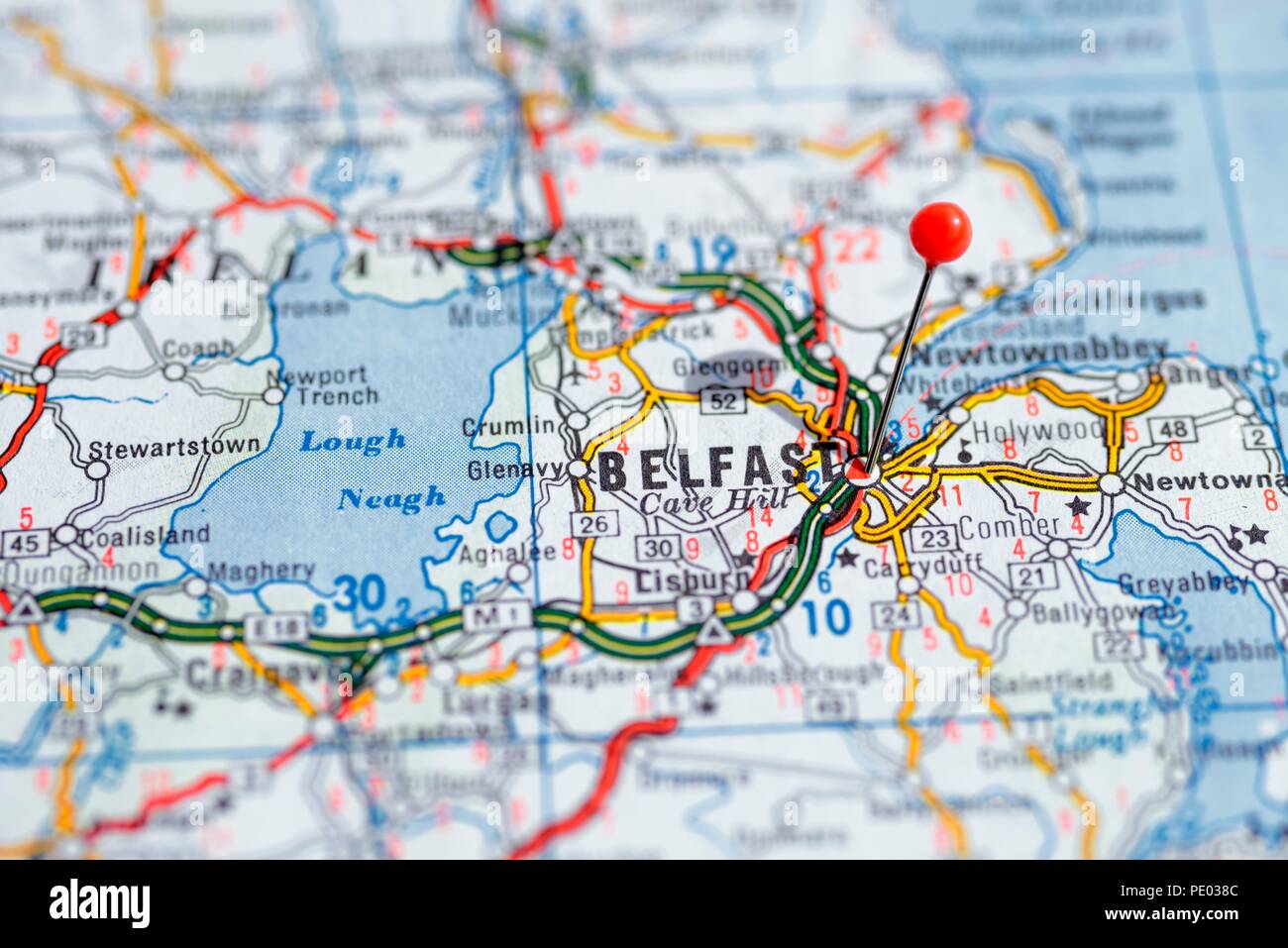 Suède Stockholm, 07 avril 2018 : les villes européennes sur la carte série. Libre de Belfast Banque D'Images