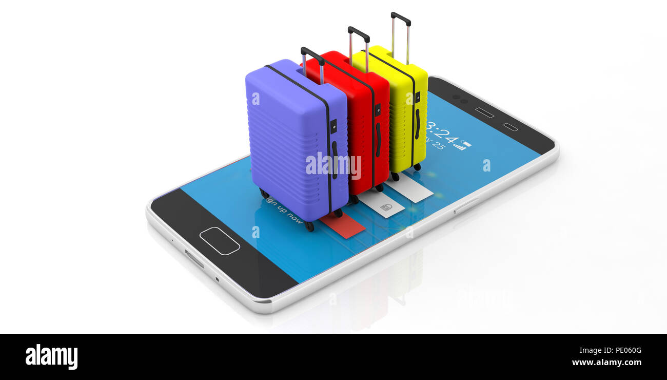 Réservation de voyages en ligne concept. Trois couleurs lumineuses valises sur un téléphone mobile, isolé sur fond blanc. 3d illustration Banque D'Images