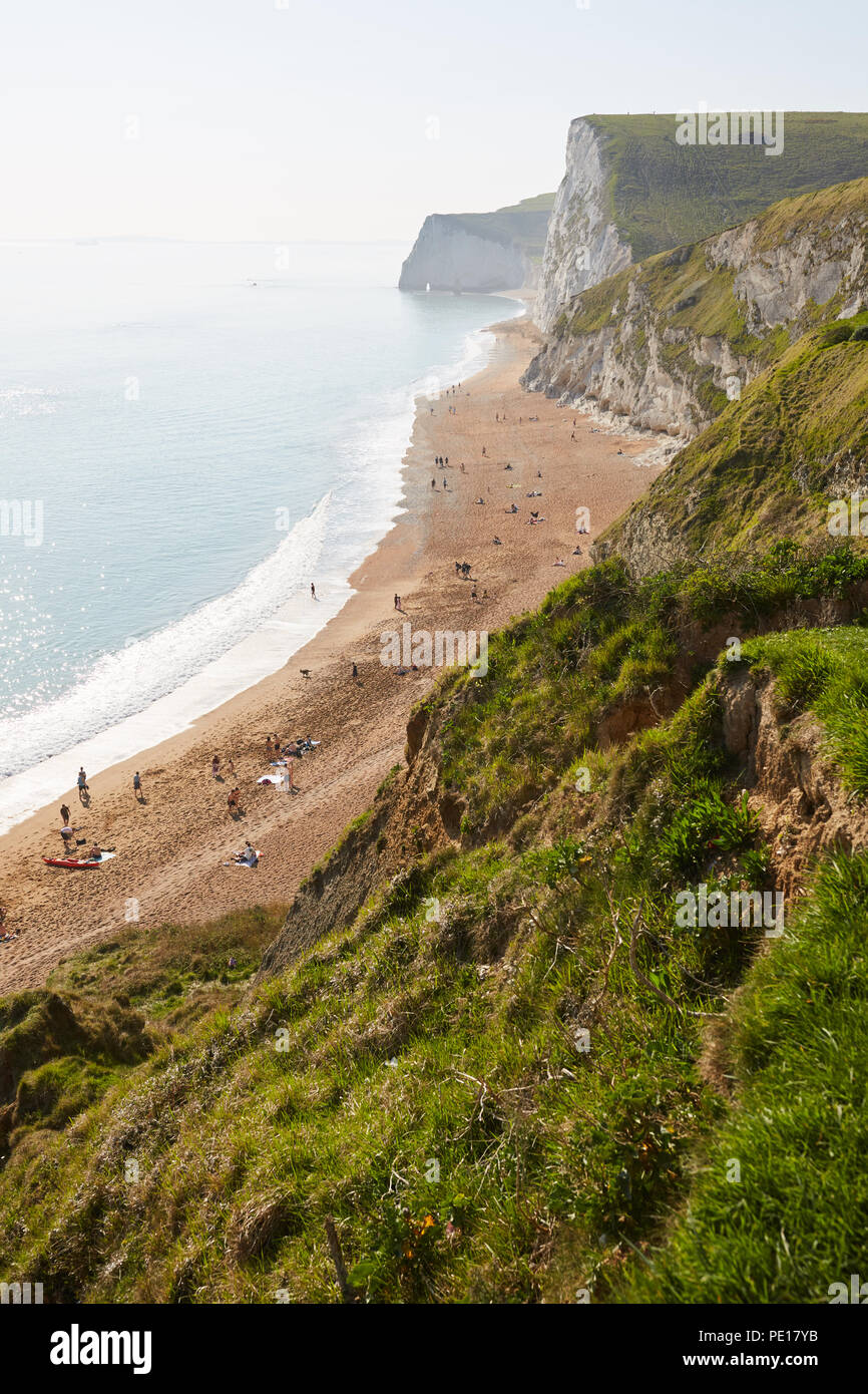 À la recherche jusqu'à une plage de vacanciers, des falaises sur une journée ensoleillée à Durdle Door, avec les chauve-souris chef dans la distance Banque D'Images