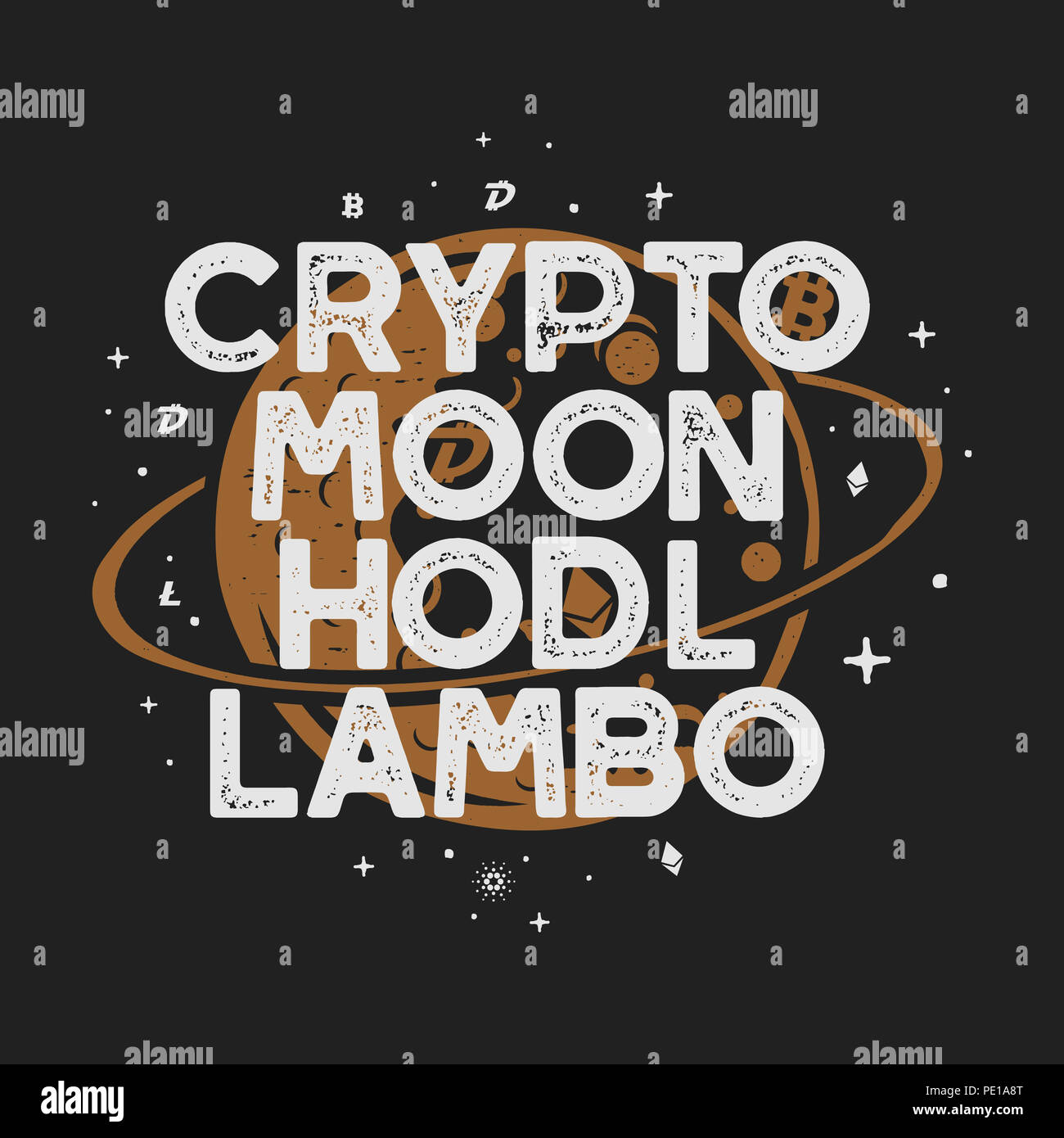 Drôle Cryptocurrency vintage T-shirt ou de l'affiche. Illustration de l'orbite lunaire rétro avec des devises différentes et drôles de mots - crypto, lune, hodl, lambo. B Banque D'Images