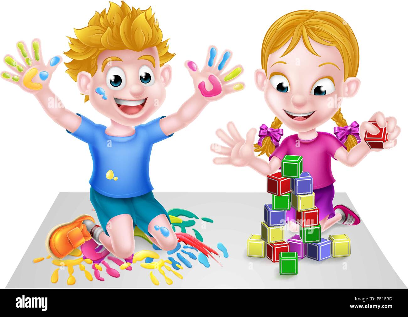 Cartoon Garçon et fille jouant avec des blocs et de la Peinture Illustration de Vecteur