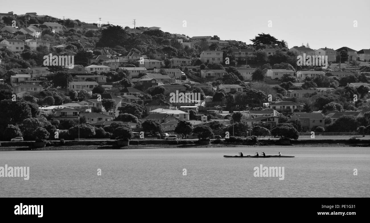 Week-end quatre pagayeurs prenez un bateau à rames pour tourner sur Porirua Harbour Banque D'Images