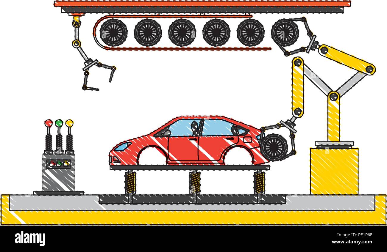 L'étape du processus de production de voiture assemblée pneus Illustration de Vecteur