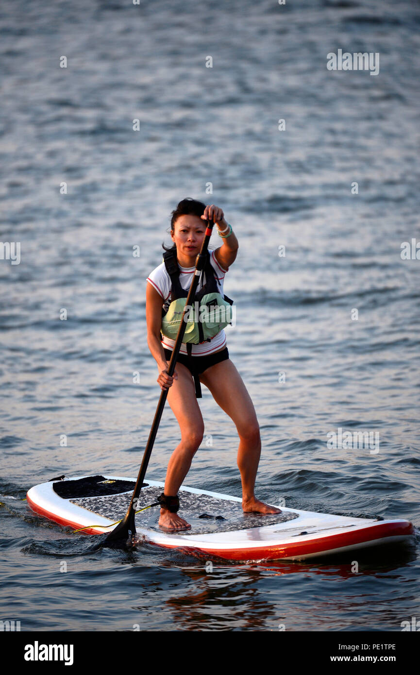 Paddleboarder debout sur la rivière Hudson près de la Chelsea de Manhattan à New York City. Banque D'Images