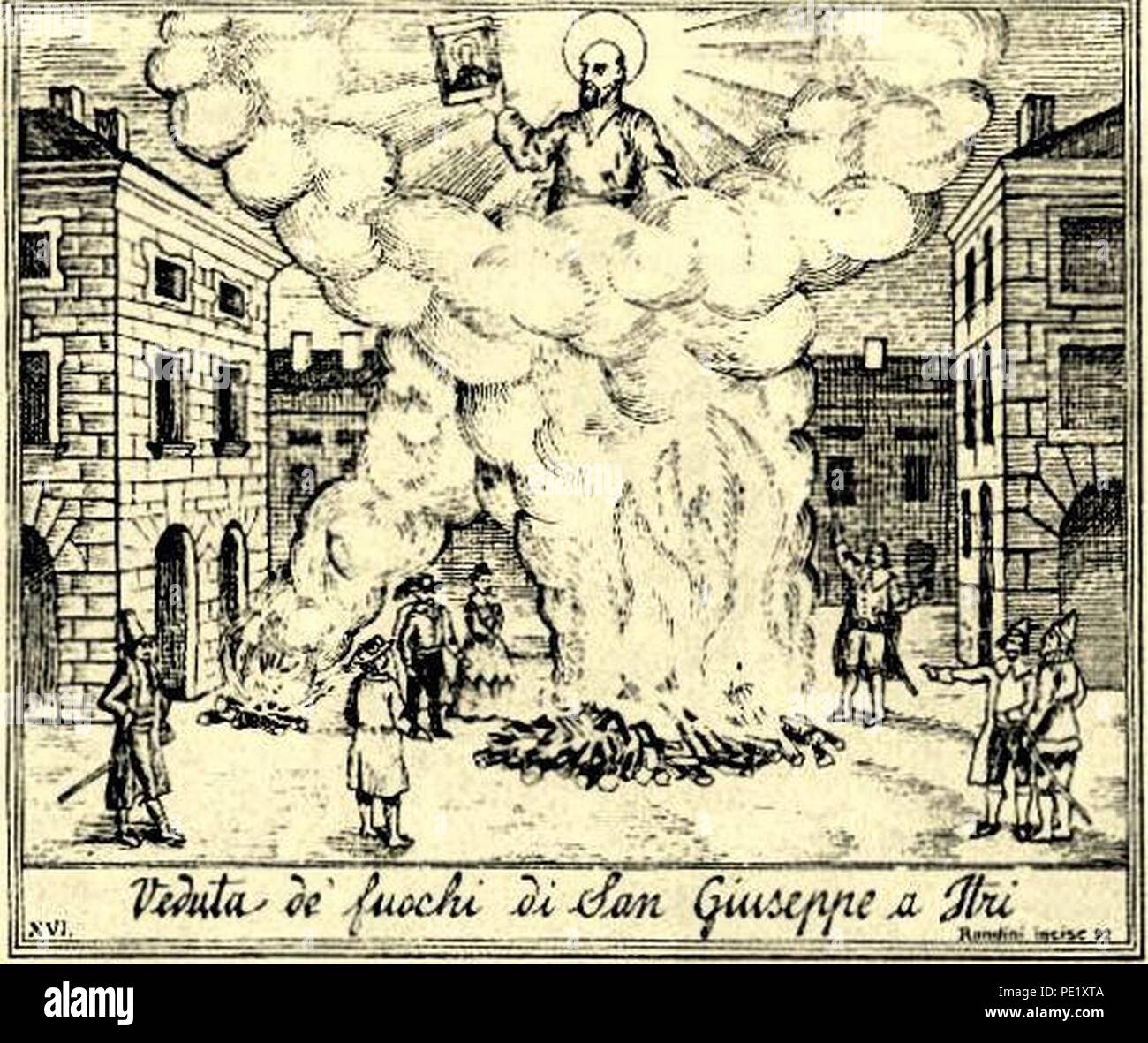 Antica Incisione raffigurante i Fuochi di San Giuseppe un Itri. Banque D'Images