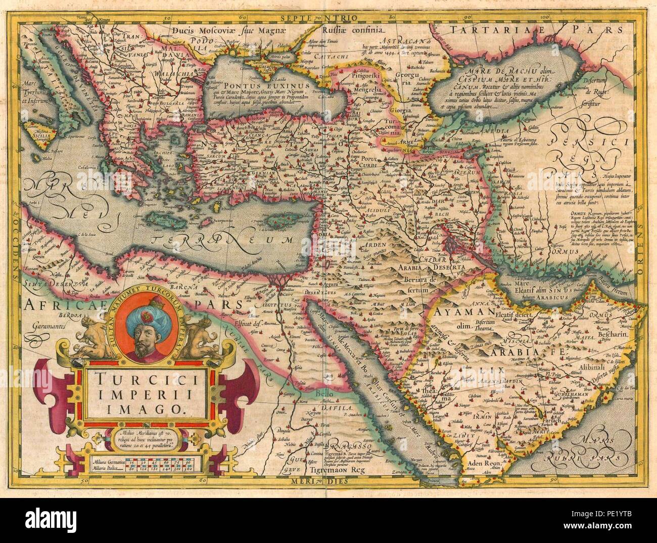Carte antique de l'Empire Ottoman par J. Hondius, cartouche avec médaillon portrait du Sultan Mahumet. Banque D'Images