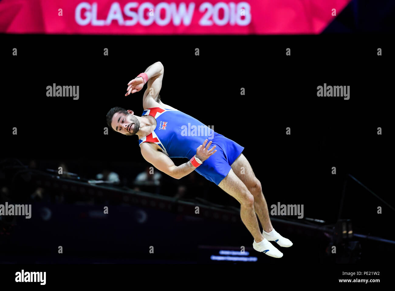 Glasgow, R.-U., 11 août 2018. Glasgow, R.-U., 11 août 2018. James Hall (GBR) est en concurrence sur l'exercice au sol en gymnastique artistique masculine finale de l'équipe pendant le championnat d'Europe 2018 Glasgow à l'Hydro SSE le Samedi, 11 août 2018. GLASGOW EN ÉCOSSE. Credit : Taka G Wu Banque D'Images