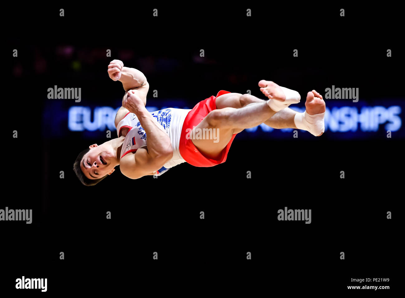 Glasgow, R.-U., 11 août 2018. Glasgow, R.-U., 11 août 2018. Le Nagorny-karabakh Nikita (RUS) en concurrence sur l'exercice au sol en gymnastique artistique masculine finale de l'équipe pendant le championnat d'Europe 2018 Glasgow à l'Hydro SSE le Samedi, 11 août 2018. GLASGOW EN ÉCOSSE. Credit : Taka G Wu Banque D'Images