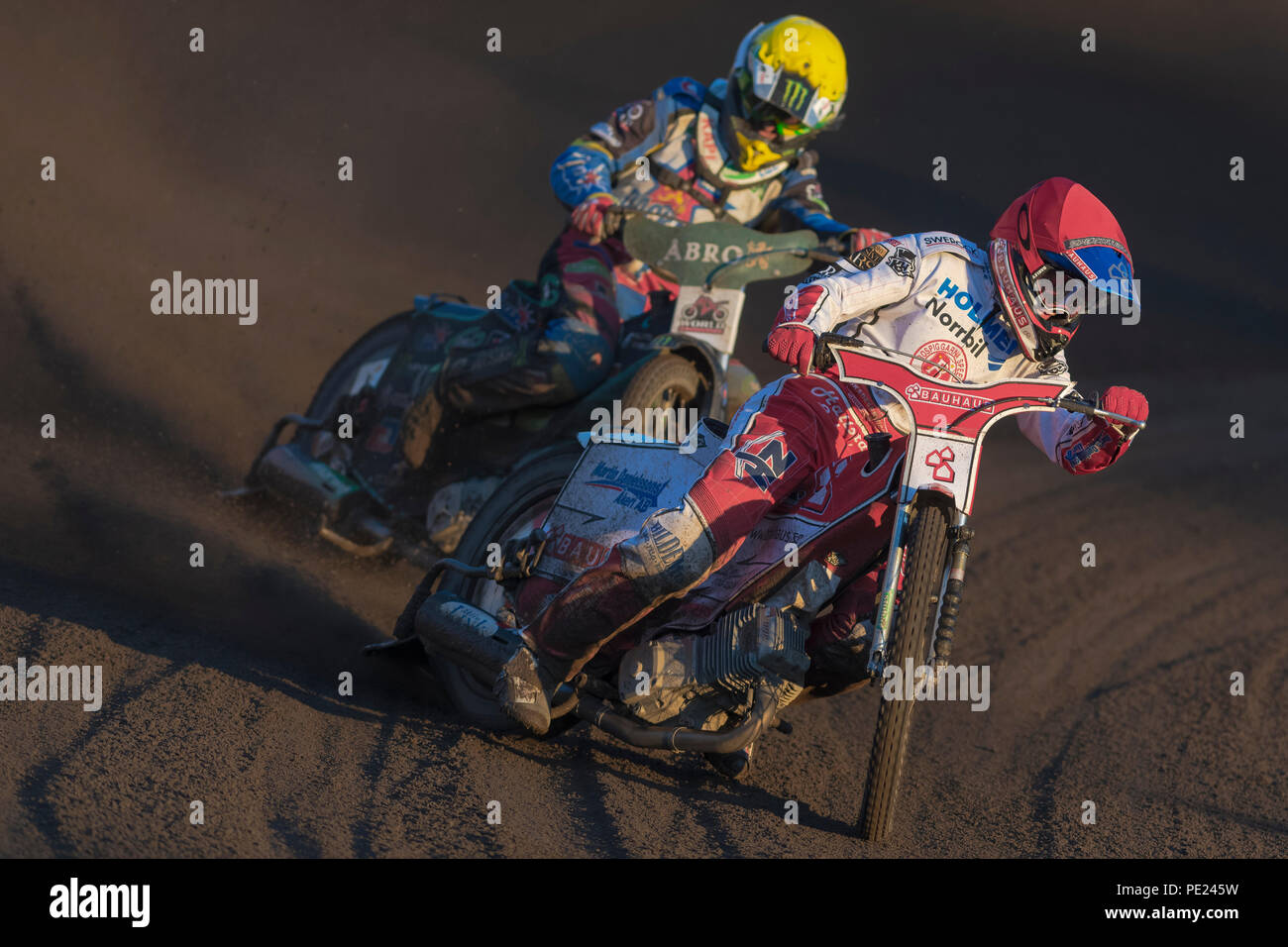 HALLSTAVIK, SUÈDE, LE 7 AOÛT 2018 : course nationale de la Suède Elitserien leauge dans Rospiggarna Dackarna entre Speedway et à HZ Bygg Arena de Hallstavik. Banque D'Images