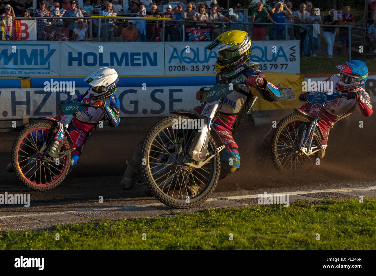 HALLSTAVIK, SUÈDE, LE 7 AOÛT 2018 : course nationale de la Suède Elitserien leauge dans Rospiggarna Dackarna entre Speedway et à HZ Bygg Arena de Hallstavik. Banque D'Images