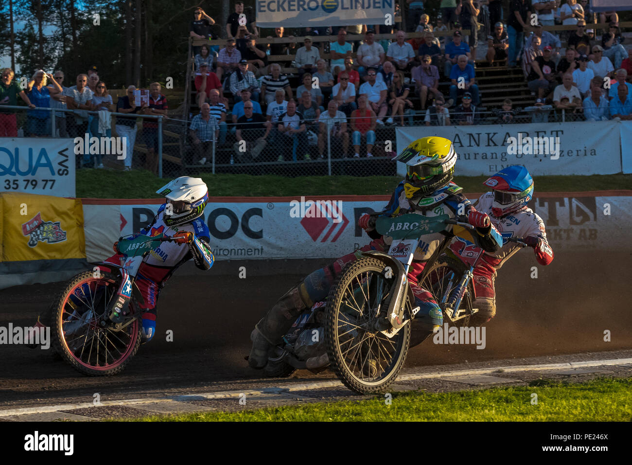 HALLSTAVIK, SUÈDE, LE 7 AOÛT 2018 : course nationale de la Suède Elitserien leauge dans Rospiggarna Dackarna entre Speedway et à HZ Bygg Arena de Hallstavik. Banque D'Images