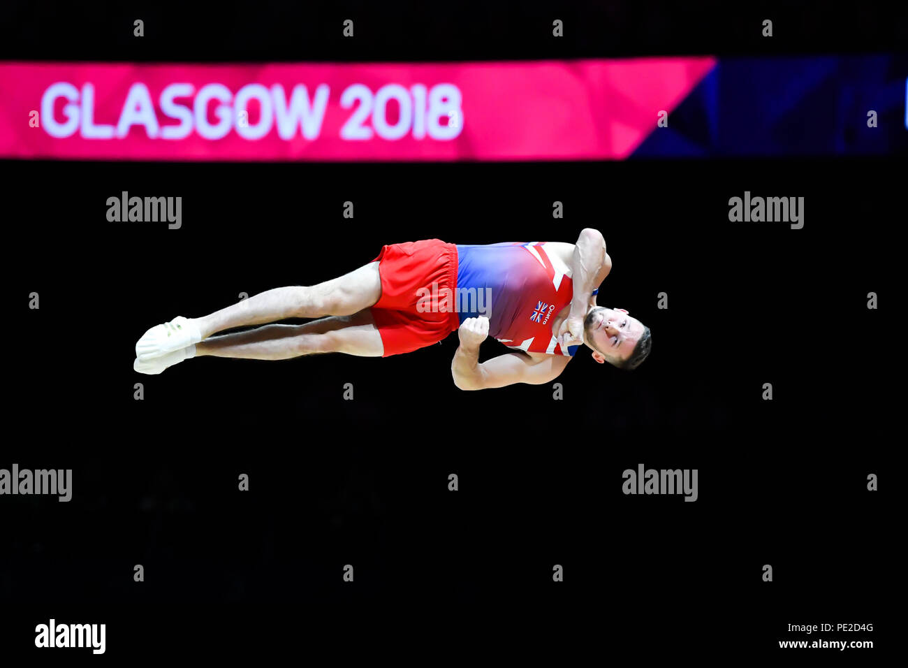 Glasgow, Ecosse, Royaume-Uni. 12 août 2018. Dominick CUNNINGHAM (GBR) est en concurrence sur l'exercice au sol en gymnastique artistique masculine pendant la finale de l'appareil European Championships 2018 Glasgow à l'Hydro SSE le dimanche, 12 août 2018. GLASGOW EN ÉCOSSE. Credit : Crédit : Wu G Taka Taka Wu/Alamy Live News Banque D'Images