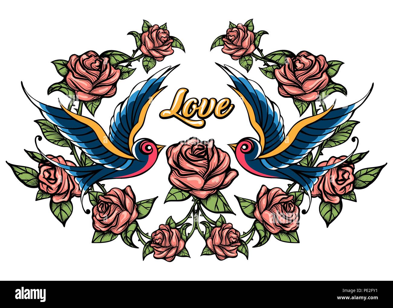 Deux oiseaux et de roses avec lettrage de l'amour. Vector illustration dessinée dans le style de tatouage. Illustration de Vecteur