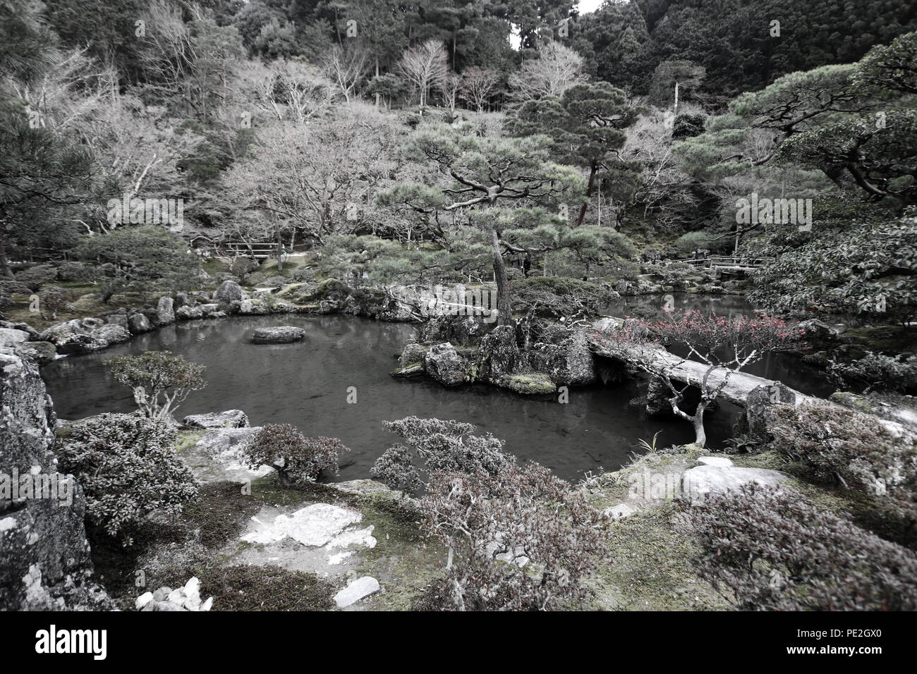 Jardin japonais avec le lac au Temple Ginkaku-ji à Kyoto, au Japon. Banque D'Images