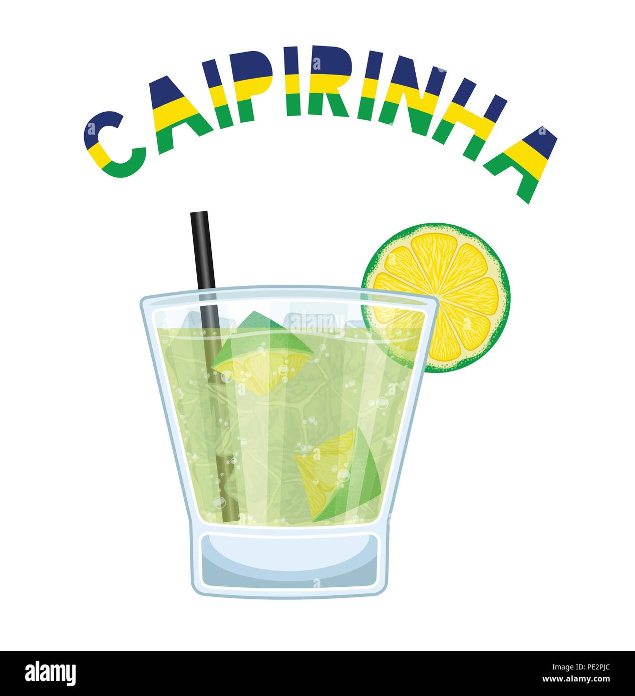 Caipirinha Cocktail Brésil avec paille noire. Tous les objets sont dans des couches différentes et les types de texte n'ont pas besoin de police. Illustration de Vecteur