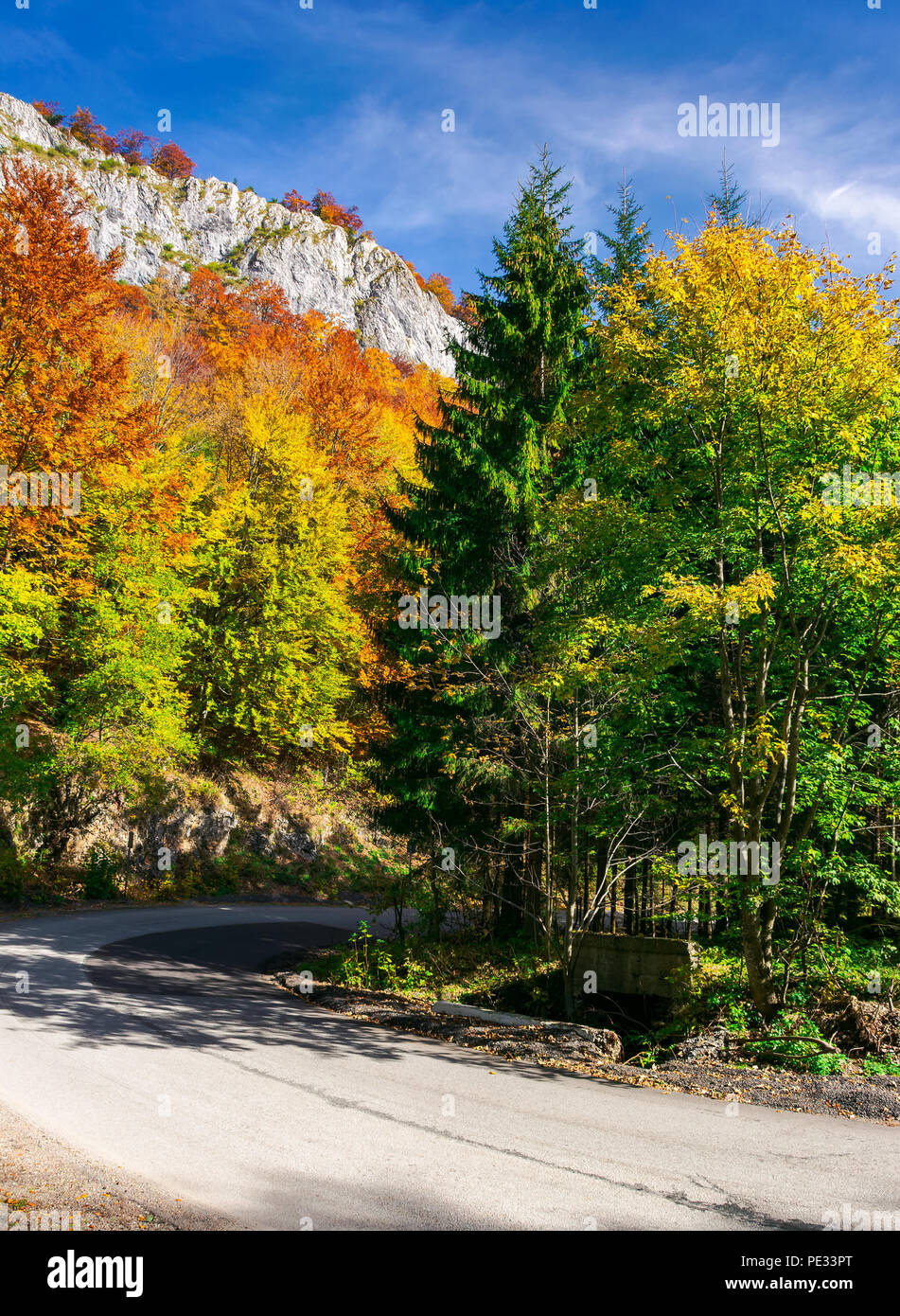 Route de campagne à travers la forêt en automne. haute falaise au sommet d'une montagne Banque D'Images