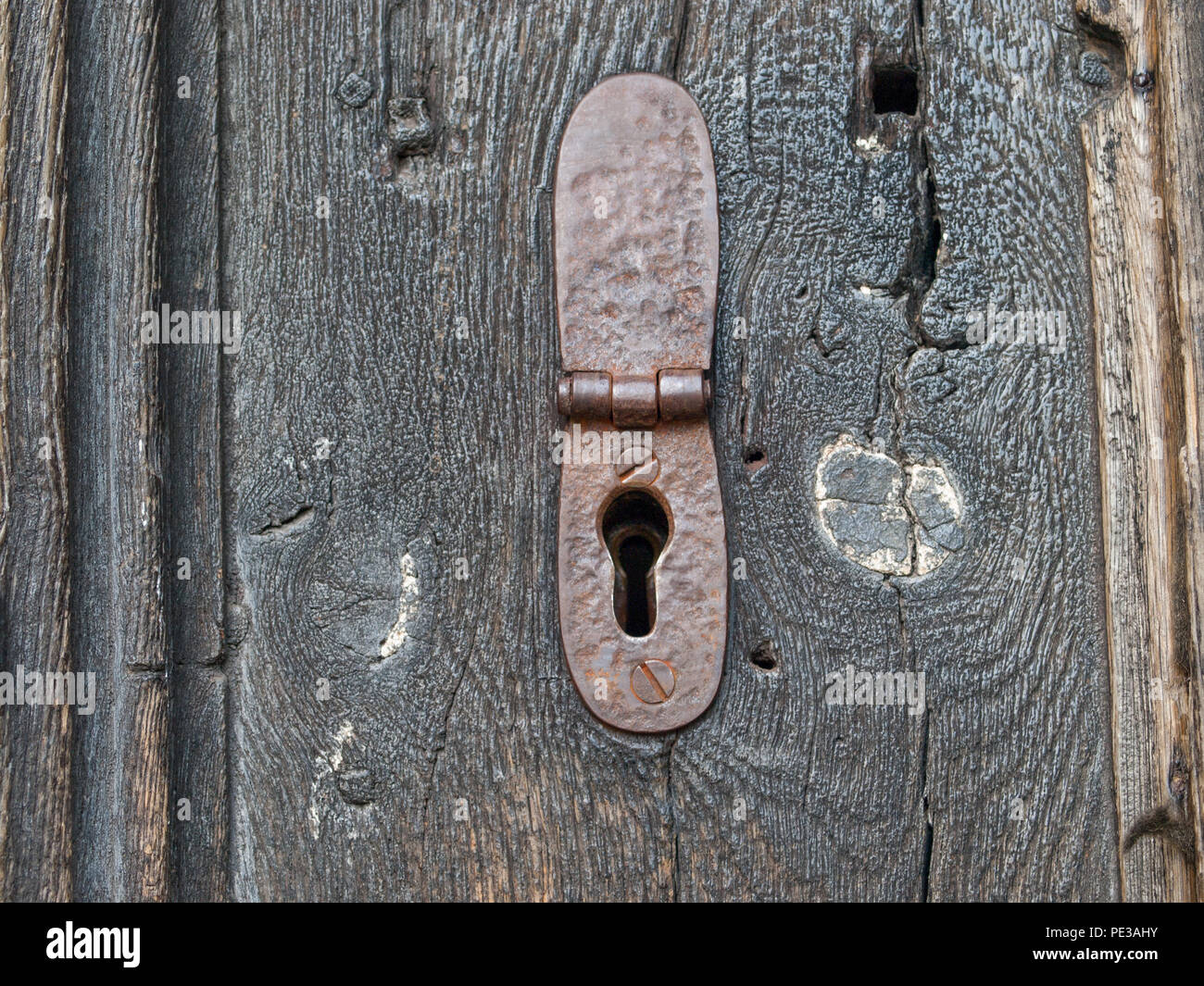 Keyhole et écusson en ancien porte en bois Banque D'Images