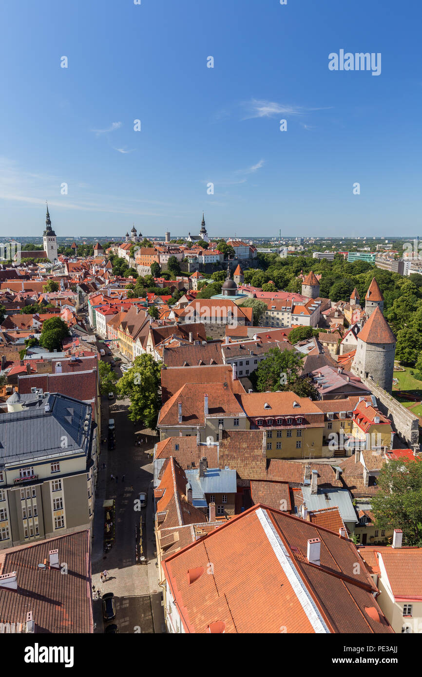Les églises, remparts, tours et autres bâtiments anciens à la vieille ville de Tallinn, Estonie, vus du dessus sur une journée ensoleillée en été. Banque D'Images Les églises, remparts, tours et autres bâtiments anciens à la vieille ville de Tallinn, Estonie, vus du dessus sur une journée ensoleillée en été. Banque D'Images