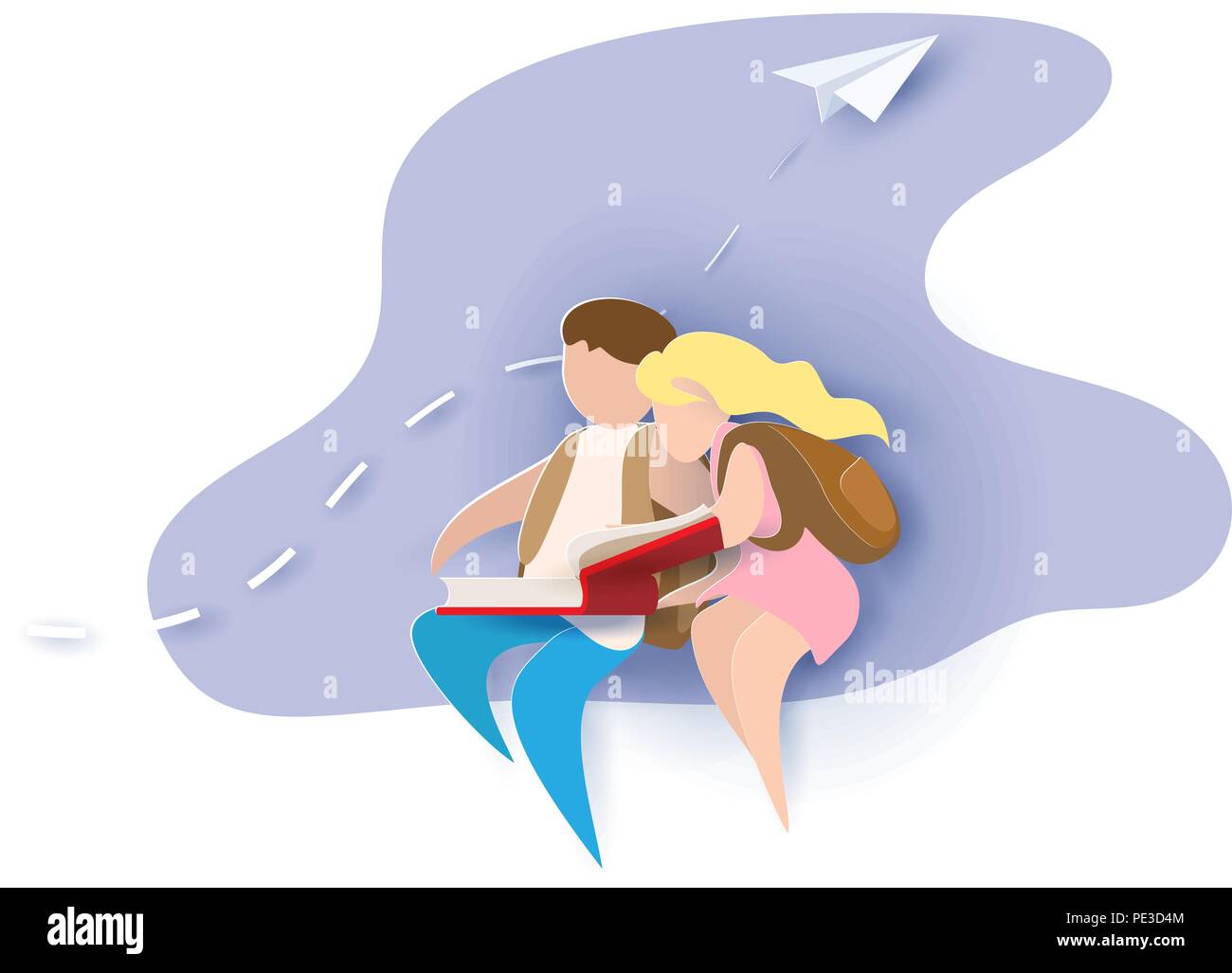 Retour à l'école 1 septembre carte avec boy and girl reading book et assis sur les nuages. Vector illustration. Coupe papier et de l'artisanat traditionnel. Illustration de Vecteur