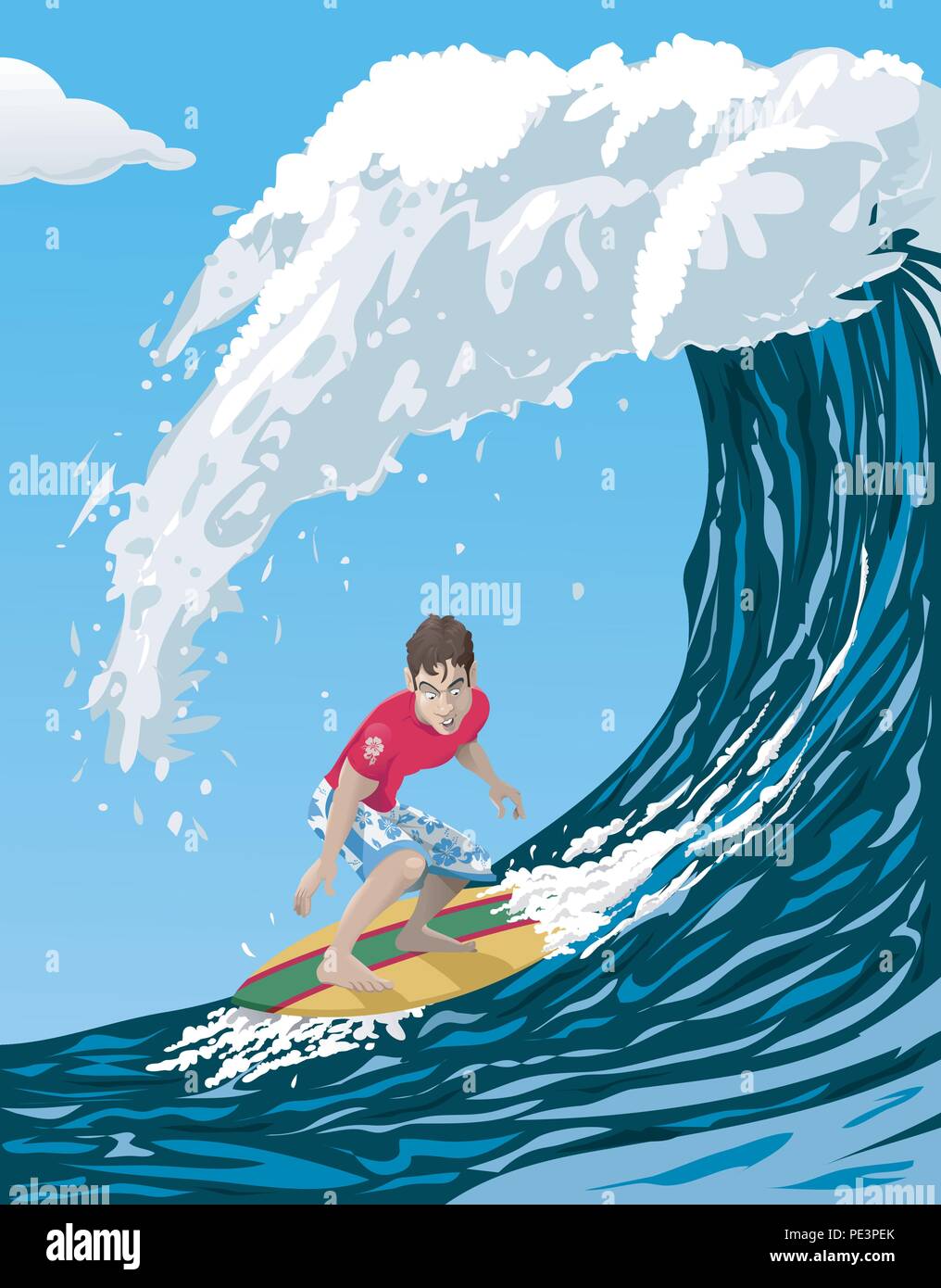Cartoon illustration d'un surfeur cool équitation un grand océan vague Illustration de Vecteur