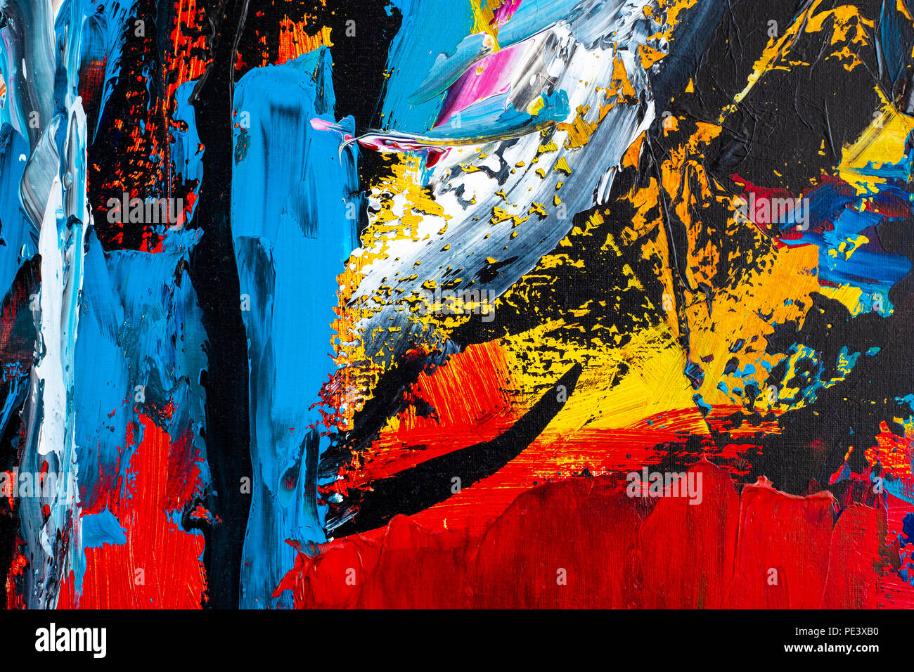 L'art abstrait arrière-plan. Peinture à l'huile sur toile. Texture lumineuse multicolore. Fragment de l'œuvre. Des touches de peinture. L'art moderne. Banque D'Images